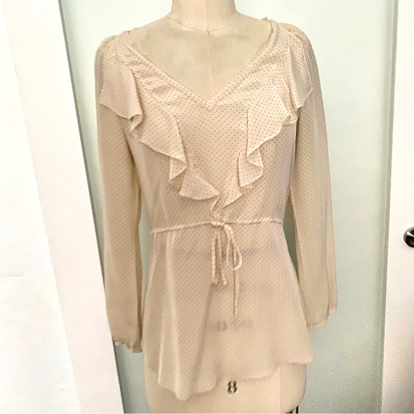 Rebecca Taylor cream ivory silk blouse ruffle pink dot size 2 - Picture 9 of 10